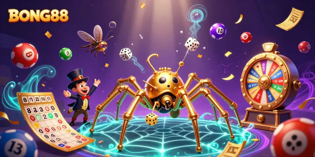 BONG88's vibrant casino scene featuring a whimsical golden spider and colorful lottery elements.