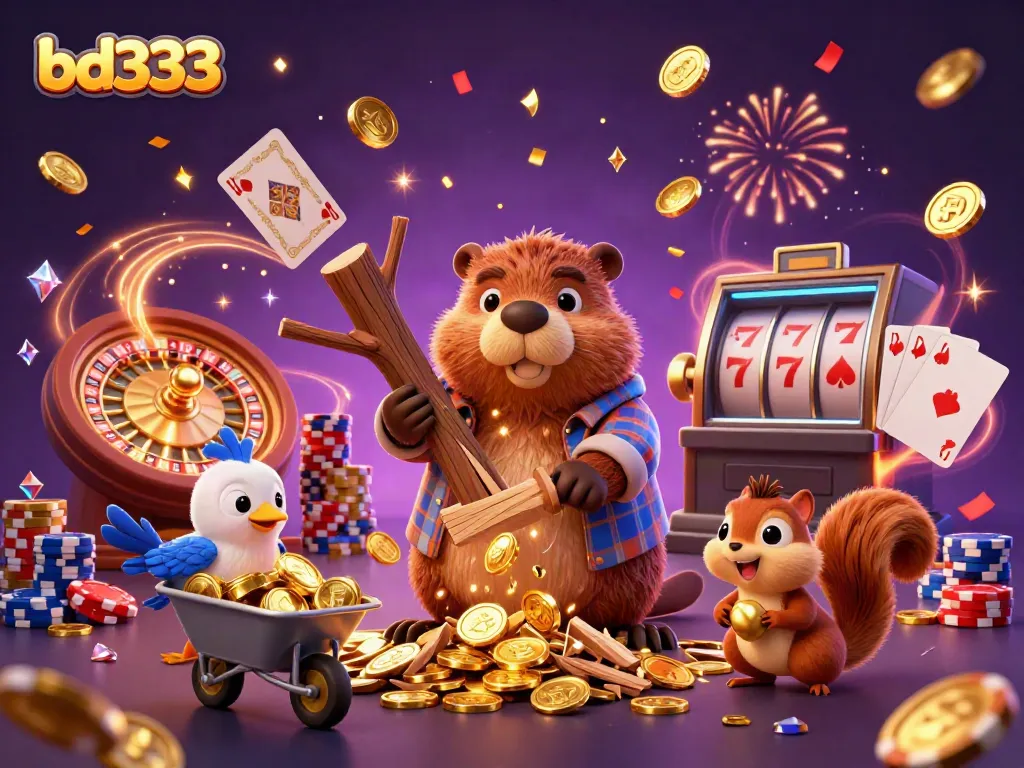 Experience the excitement of bd333 with golden coins raining from a whimsical beaver, set in a vibrant casino-themed scene.