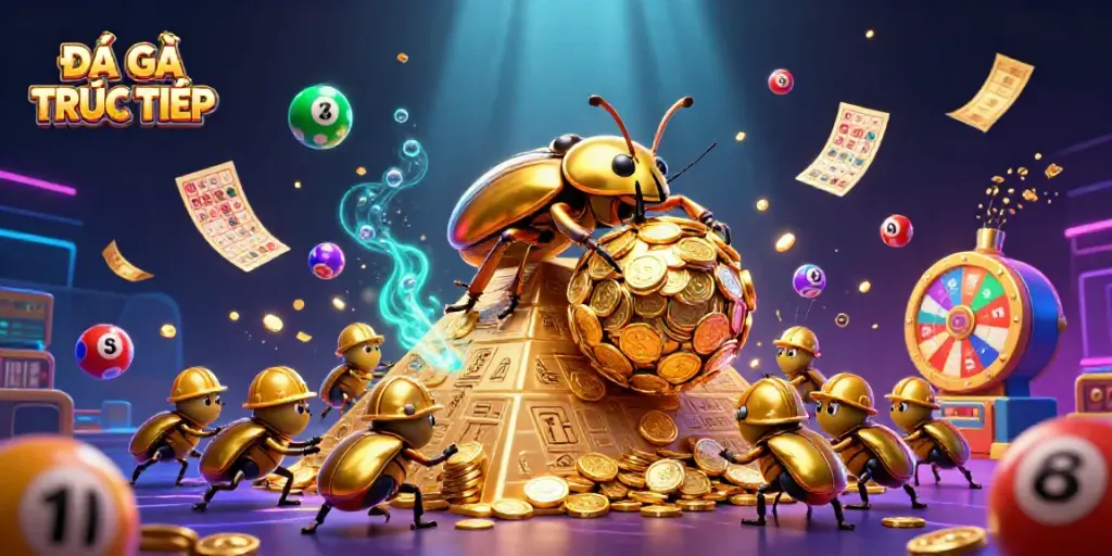 Experience the excitement of ĐÁ GÀ TRỰC TIẾP with dynamic 3D casino illustration showcasing lively gambling elements.