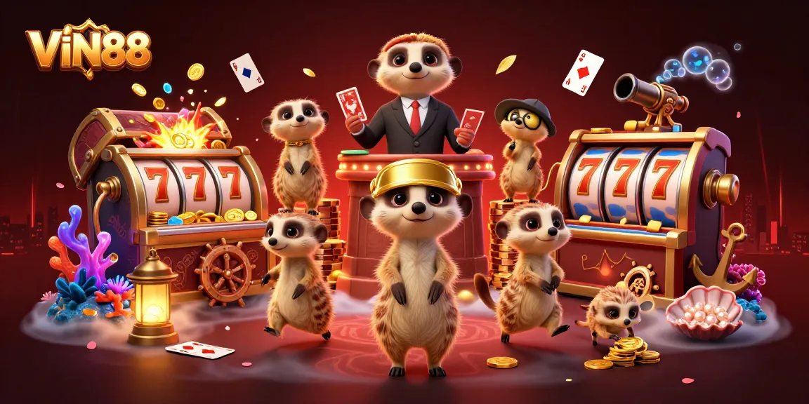 Engage with VIN88's dynamic casino action featuring meerkats amidst spinning slot reels and vibrant treasures.