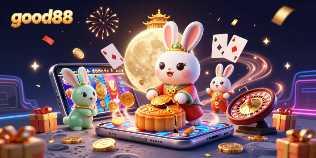 Experience the excitement of good88 with a colorful casino scene filled with festive elements and gaming action.