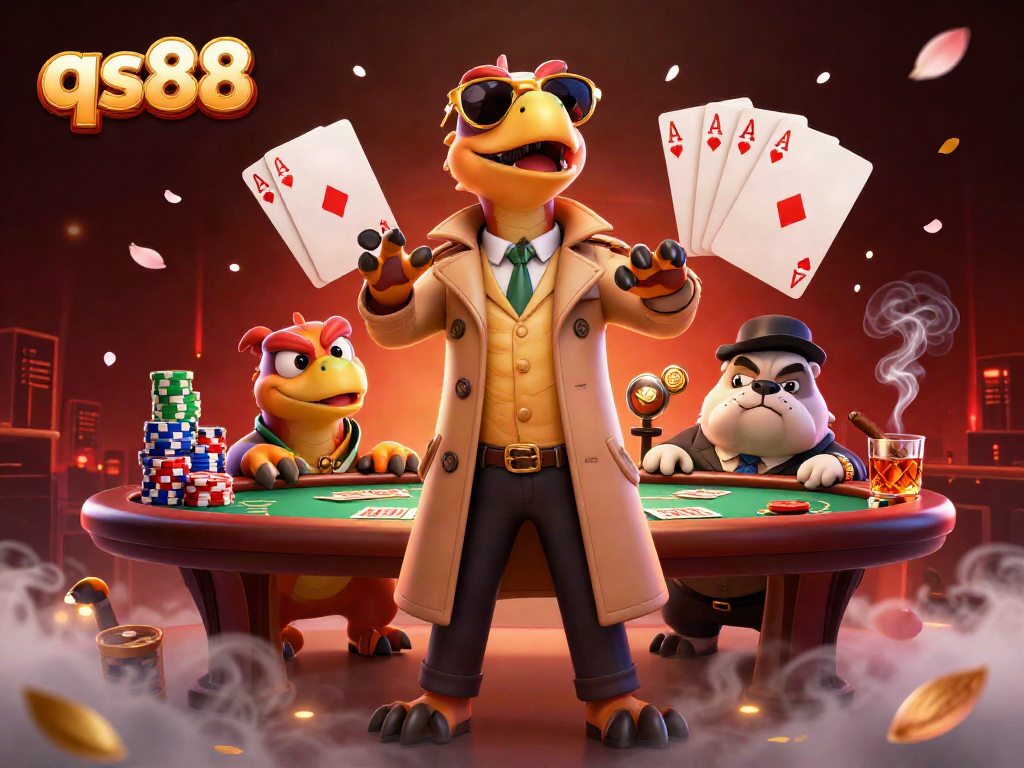 Experience qs88 in a thrilling cartoonish casino setup with playful raptors trying to enter the VIP area.