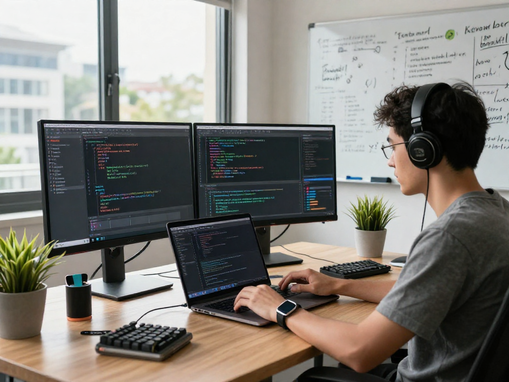 Developer coding in a modern office featuring innovative tech elements and natural light, embodying the spirit of Motchill.