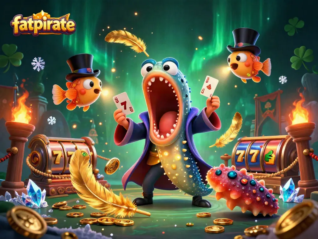 Experience fatpirate magic with colorful characters and casino elements in this vibrant 3D illustration.