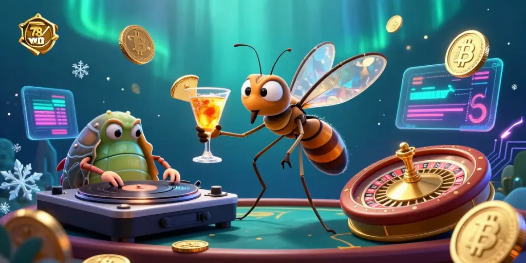 Engage with 78win's vibrant casino world featuring a mosquito mascot and fossil DJ among casino elements.