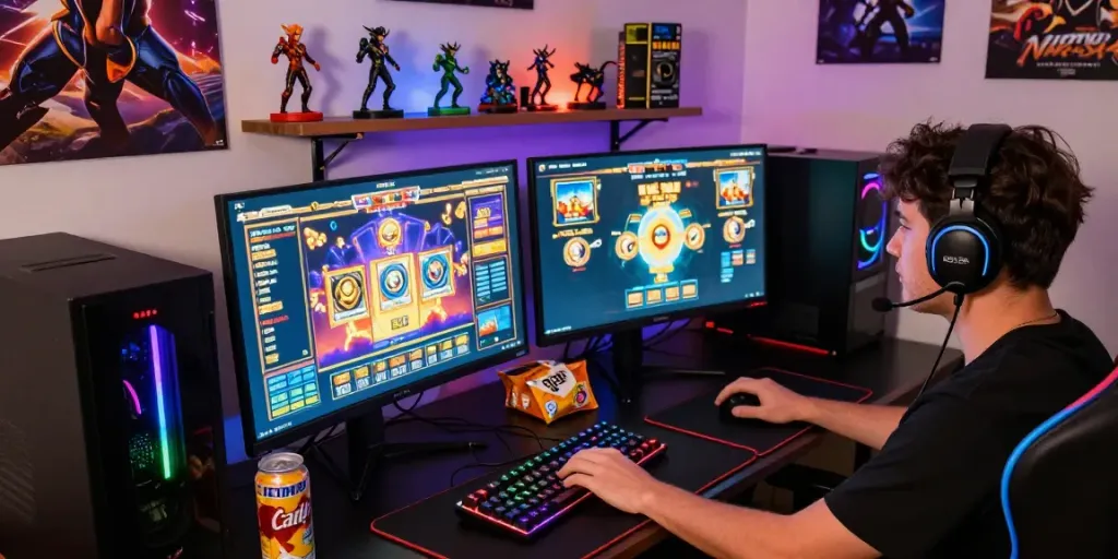 Pengalaman bermain situs slot dengan gamer serius di meja modern, memfokuskan layar permainan yang berwarna-warni.