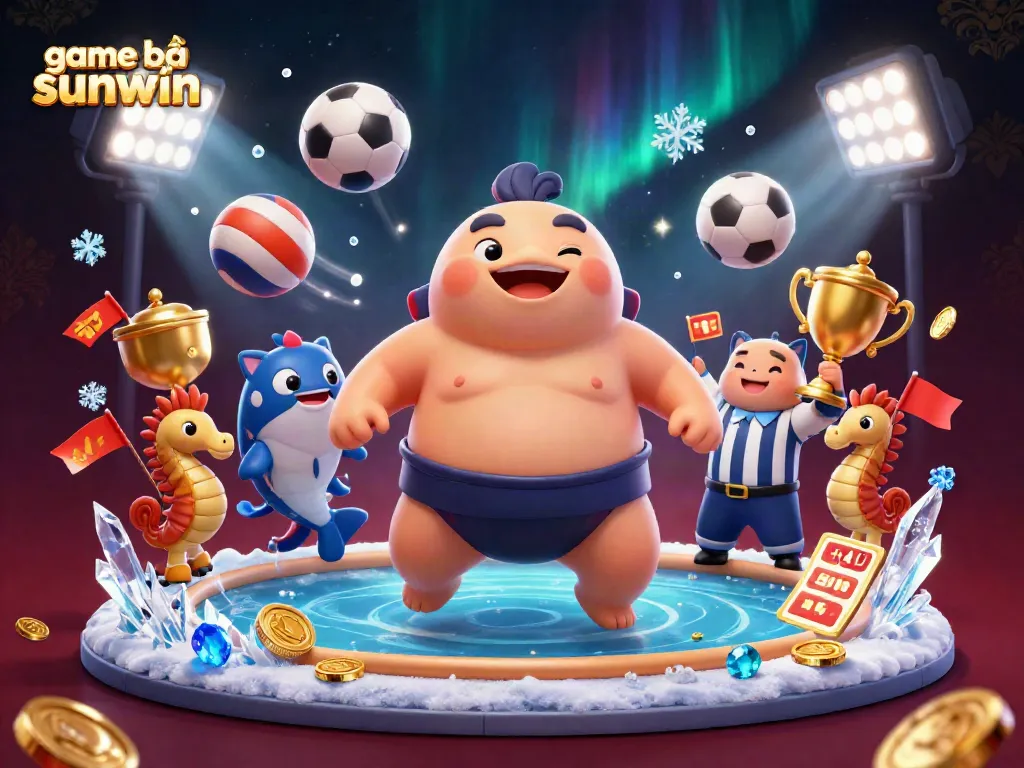 Play game bài sunwin with a lively underwater scene featuring a fugu champion and cheering seahorses.