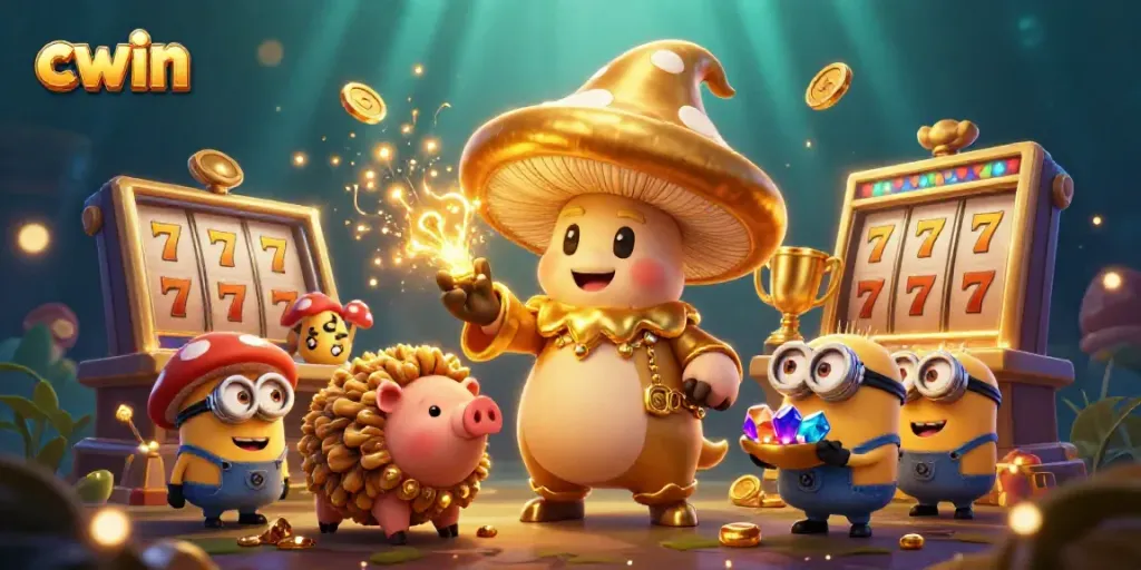 Spin to win with cwin as a golden mushroom wizard conjures slot treasures!