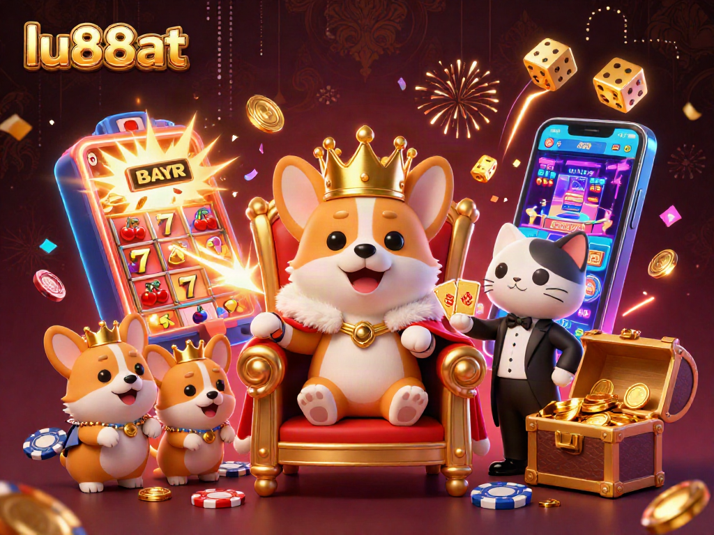 lu88at showcases a royal corgi on a poker chip throne, surrounded by vibrant casino elements.