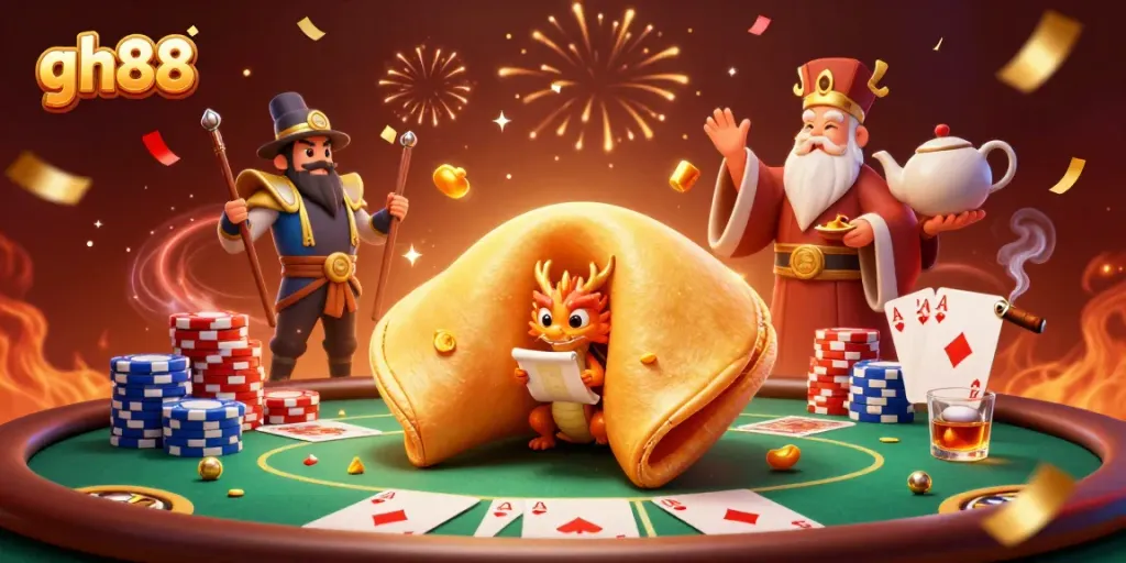 Engage with QH88's dynamic gambling scene showcasing a golden fortune cookie and poker elements.