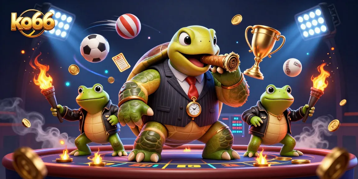 Experience the excitement of ko66 with a vibrant 3D casino scene featuring a turtle in a pinstripe suit.