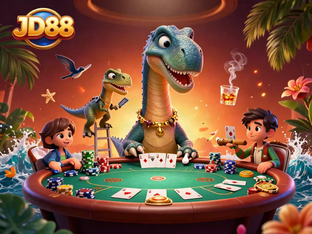 JD88 players enjoy dynamic poker action with a whimsical dinosaur dealer in an engaging casino scene.