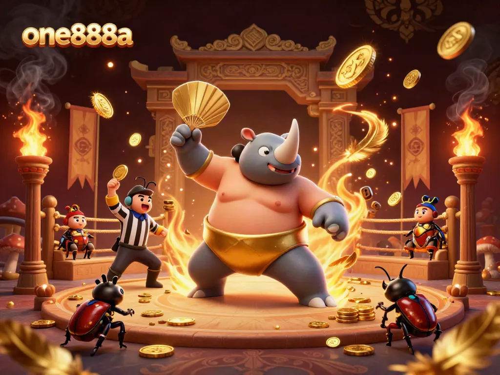 Experience thrilling play at one888a with a vibrant 3D casino scene featuring beetle champions and gold.