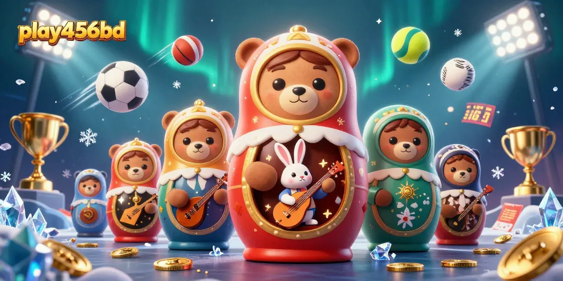 Engage with play456bd through vibrant casino-themed 3D art showcasing nested bears and festive decorations.