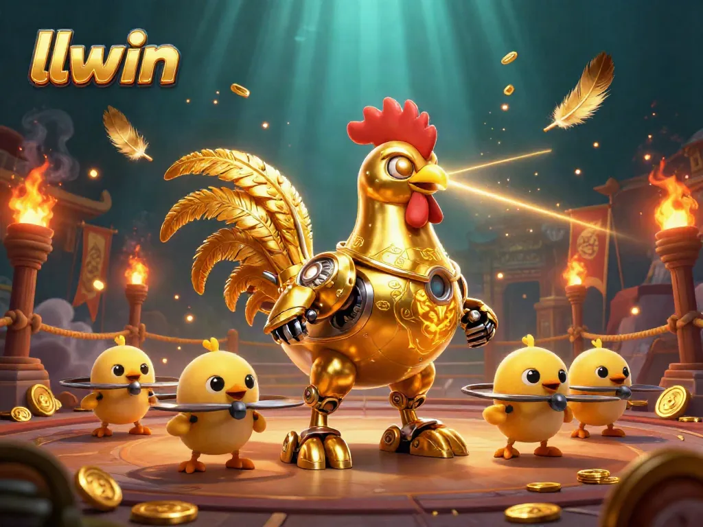 llwin showcases a thrilling casino scene featuring a golden rooster robot amidst vibrant gaming elements.