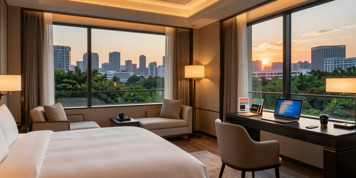 Modern Carter Hotel room showcasing rokok88 amenities with city skyline in view