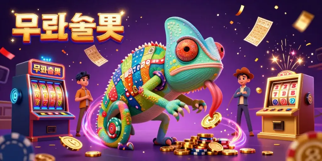 Experience the thrilling 무료슬롯 action with a colorful chameleon casino owner amid a dynamic slot machine scene.