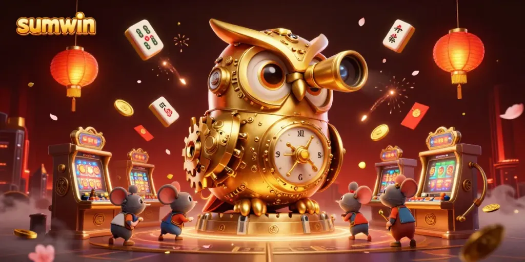 Engage with sumwin through this vibrant casino illustration featuring a whimsical clockwork owl.