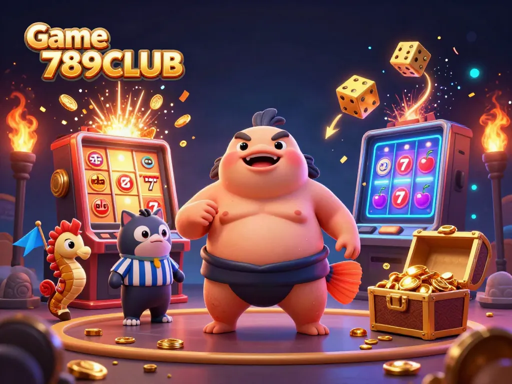 Experience thrilling excitement with Game 789CLUB as colorful symbols burst around a dynamic casino scene.
