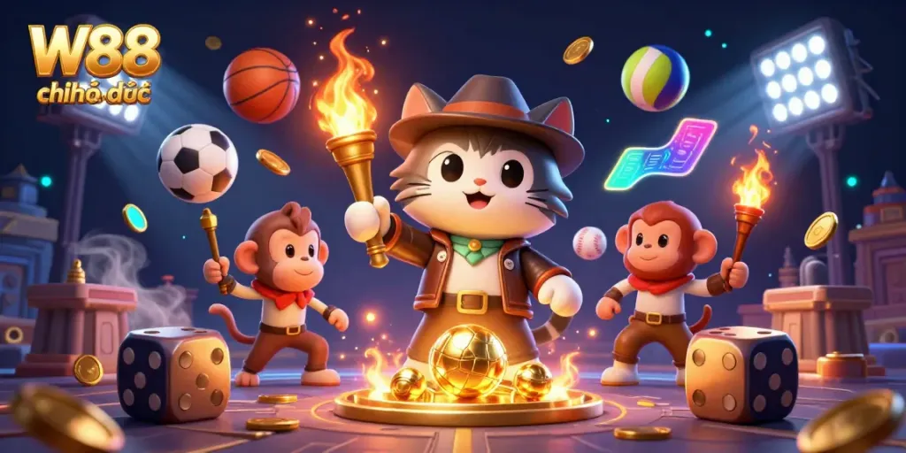 Experience thrilling moments at W88 chính thức, where a cartoon explorer discovers treasures among dynamic sports elements.