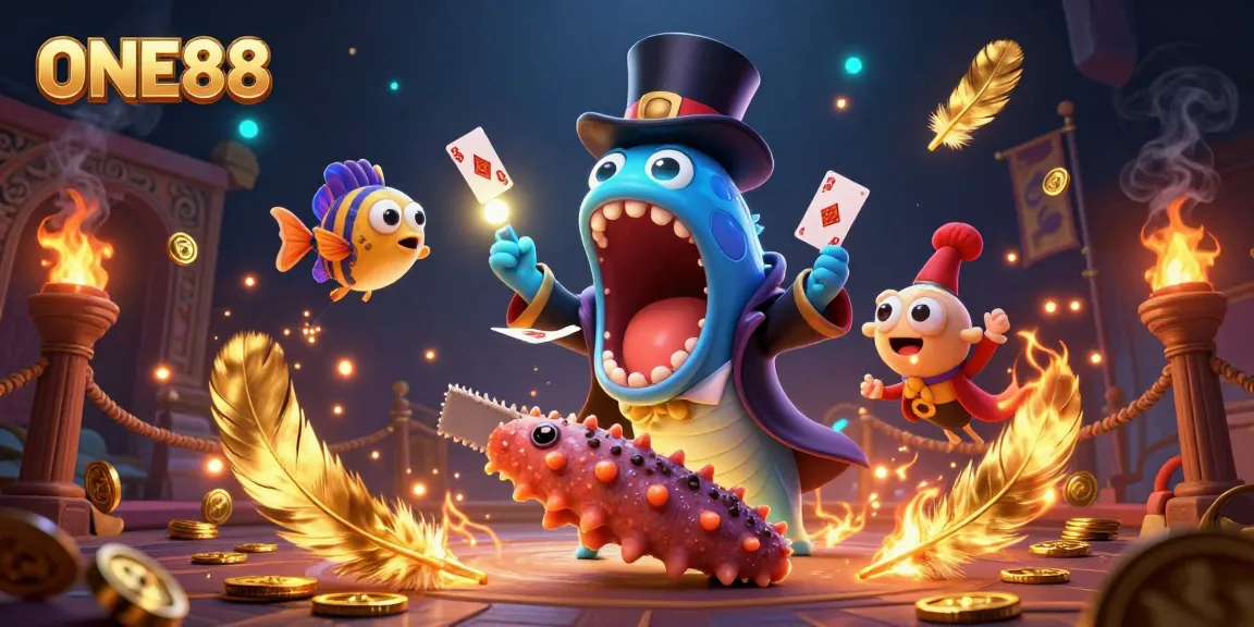 ONE88 showcases a captivating casino scene with magical underwater characters performing tricks amidst dynamic gaming elements.