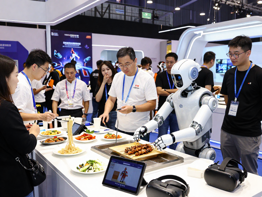 Robot24 showcases humanoid robots preparing food at a tech expo.