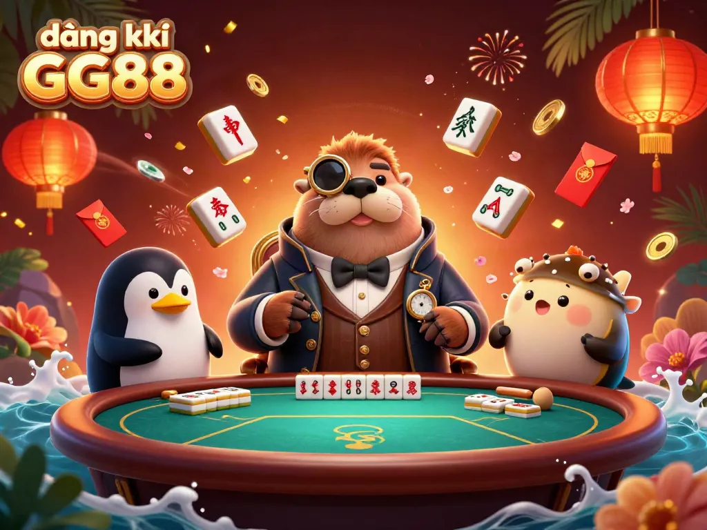 Join the fun at đăng ký GG88 with a jolly walrus at an underwater poker game, surrounded by vibrant casino elements.