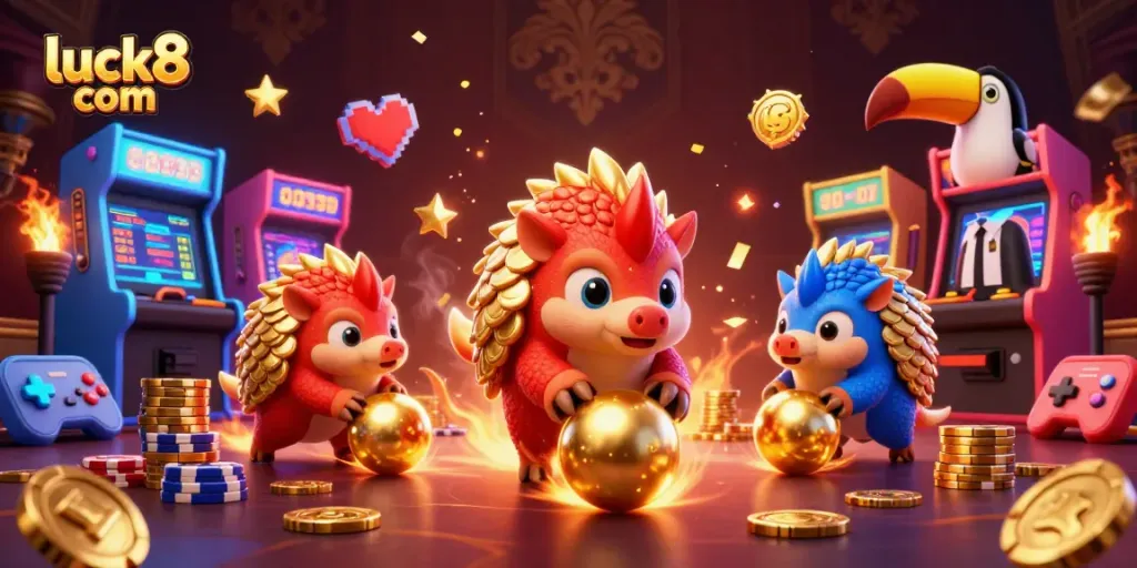 Engage in thrilling gameplay with luck8 com through animated pangolins rolling chips and golden balls.