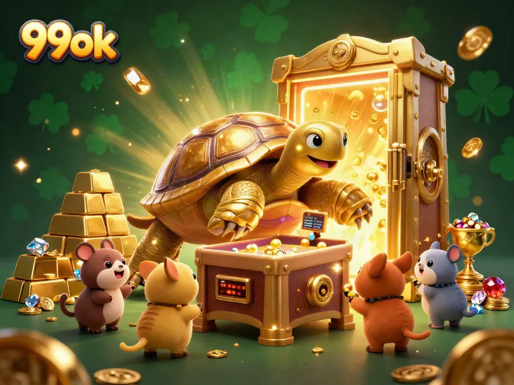 Spin and win with 99ok's vibrant casino scene featuring a golden tortoise and treasure.