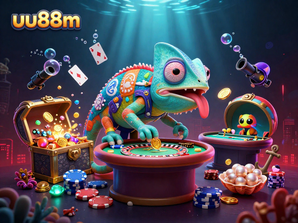 Engage with uu88m's vibrant gaming ecosystem through a dynamic chameleon casino owner illustration