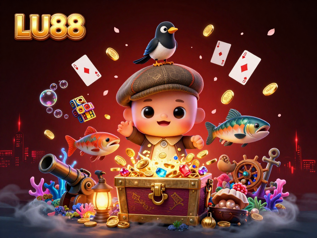 Experience the excitement of LU88 with a playful Nessie and gold treasures in a vibrant casino illustration.