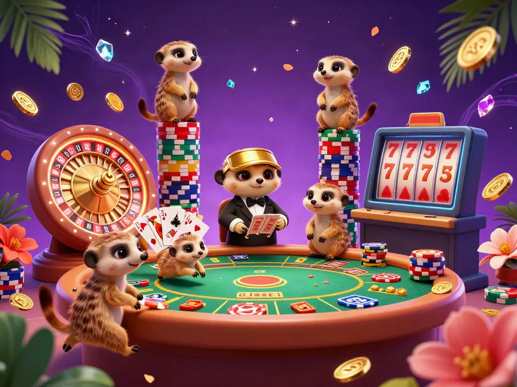 Experience the vibrant casino scene at GO99 with lively meerkats engaging players and games.