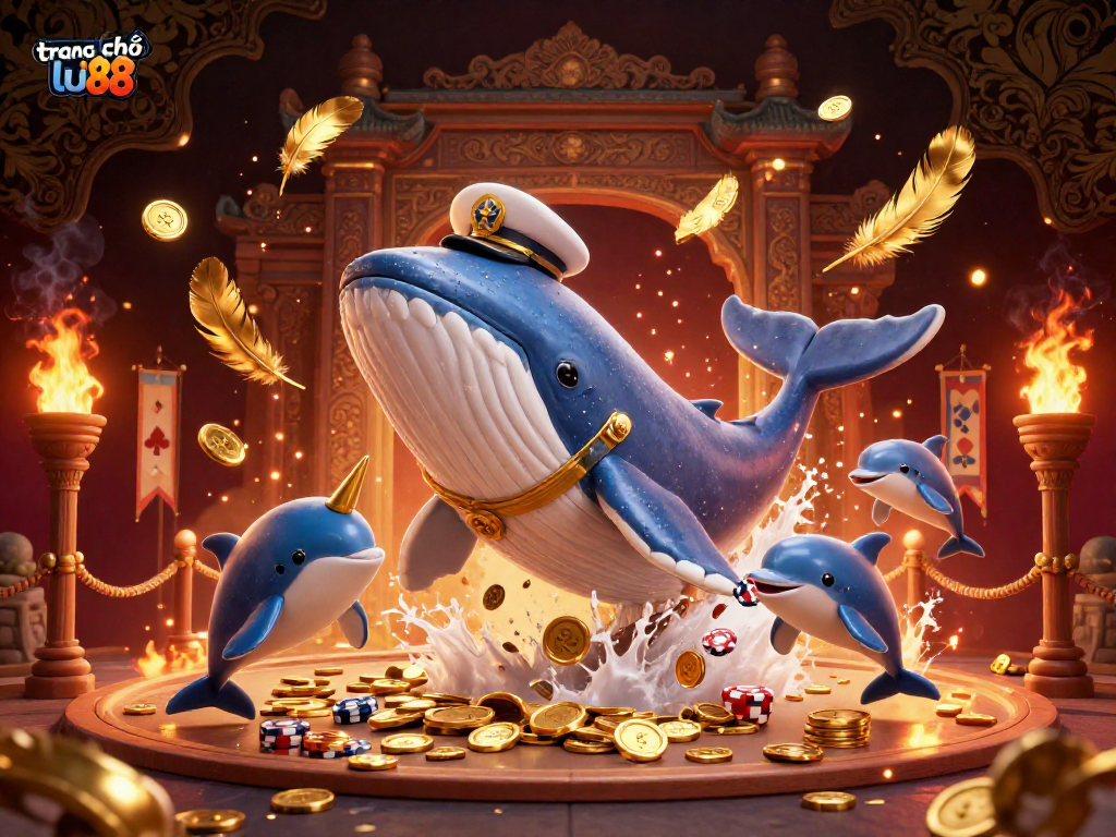 Engage with the vibrant world of trang chủ lu88, where a cartoon whale and playful dolphins celebrate casino excitement among dazzling gold coins and tokens.