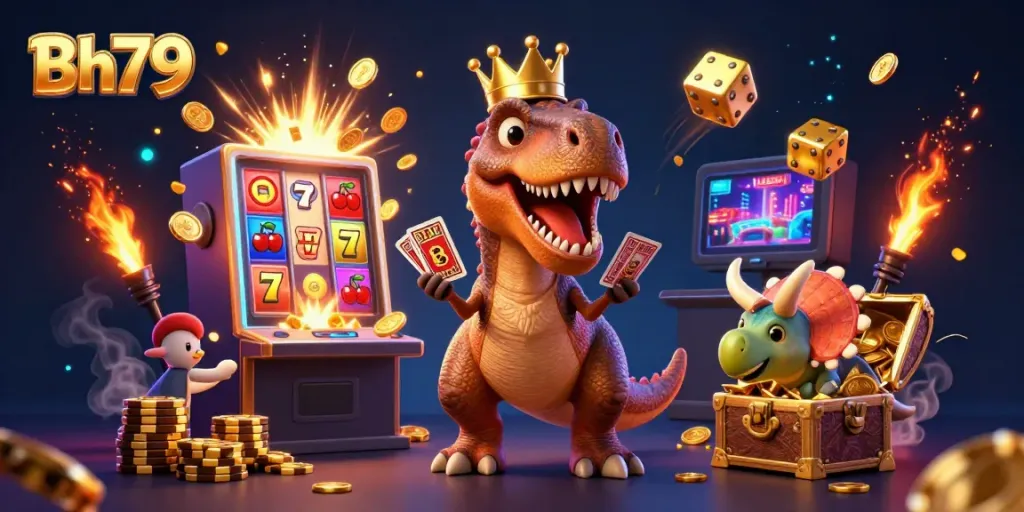 Experience the excitement of Bh79 with a cartoon T-Rex and friends enjoying a vibrant casino scene.