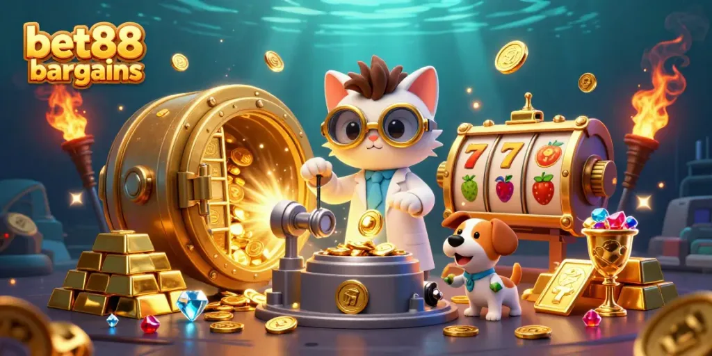 Experience the excitement of bet88 bargains with this vibrant casino illustration featuring slots and treasure.