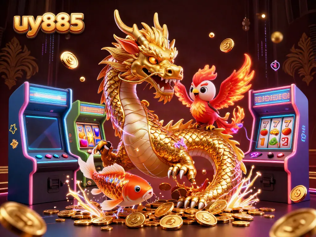 Experience the excitement of uy885 with a vibrant 3D casino scene featuring a golden dragon and arcade games.