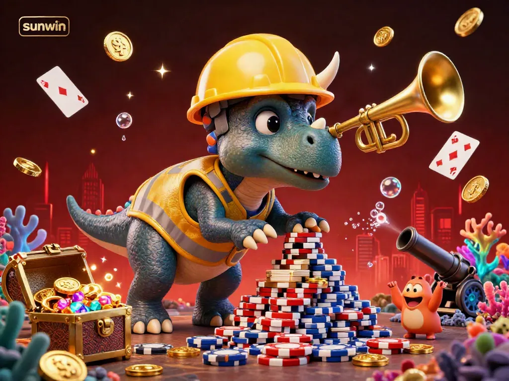 Join the celebration with Sunwin as the lively triceratops builds poker chip towers amidst glowing gems and treasure.
