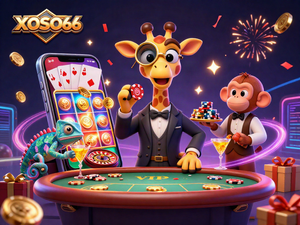 Experience winning moments at XOSO66 with a vibrant casino scene featuring a high-roller giraffe.