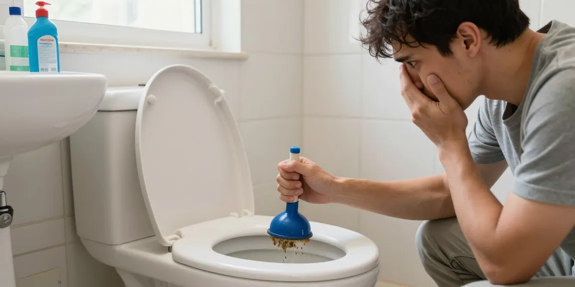 Verstopte wc? Persoon met rubberen ontstopper en bezorgde blik in badkamer met natuurlijk licht.