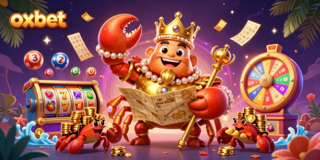 Experience the vibrant world of oxbet with a golden crab emperor in a lively casino scene.
