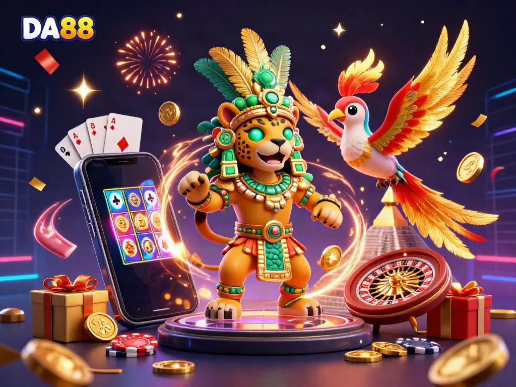 Engage in thrilling gameplay at DA88 with a vibrant scene of a Mayan jaguar priest and quetzal bird, amidst exhilarating casino elements.
