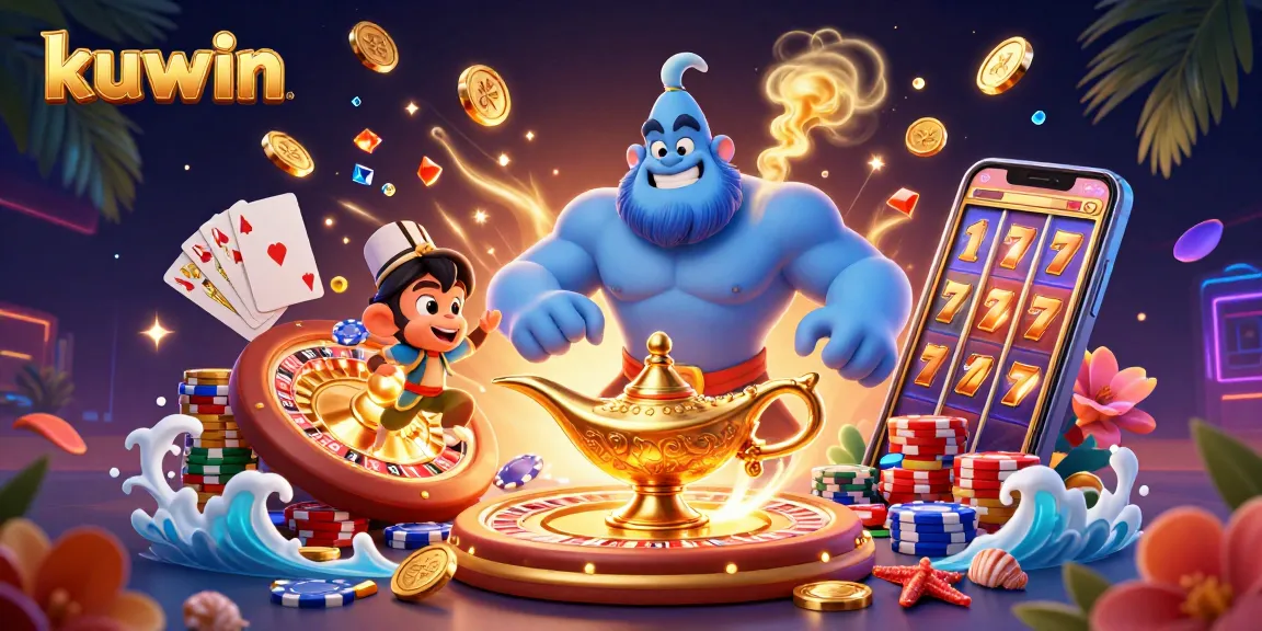 Kuwin players delight in a bustling casino scene filled with golden coins, poker chips, and magical elements, showcasing dynamic gaming moments.