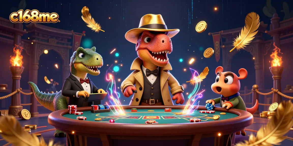 C168me tham gia chơi blackjack cùng linh vật khủng long trong một sòng bạc đầy tiền xu.