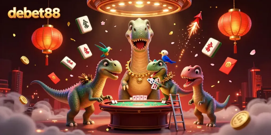 Engage with debet88 as a giant brontosaurus overlooks a lively poker scene.