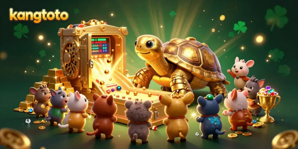 Permainan toto online kangtoto dengan kura-kura raksasa, koin emas, dan berlian berkilau.