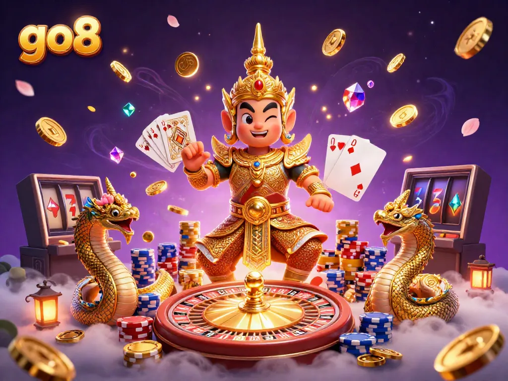go8 showcases a captivating casino scene with vibrant characters, shimmering jewels, and dynamic gaming elements.