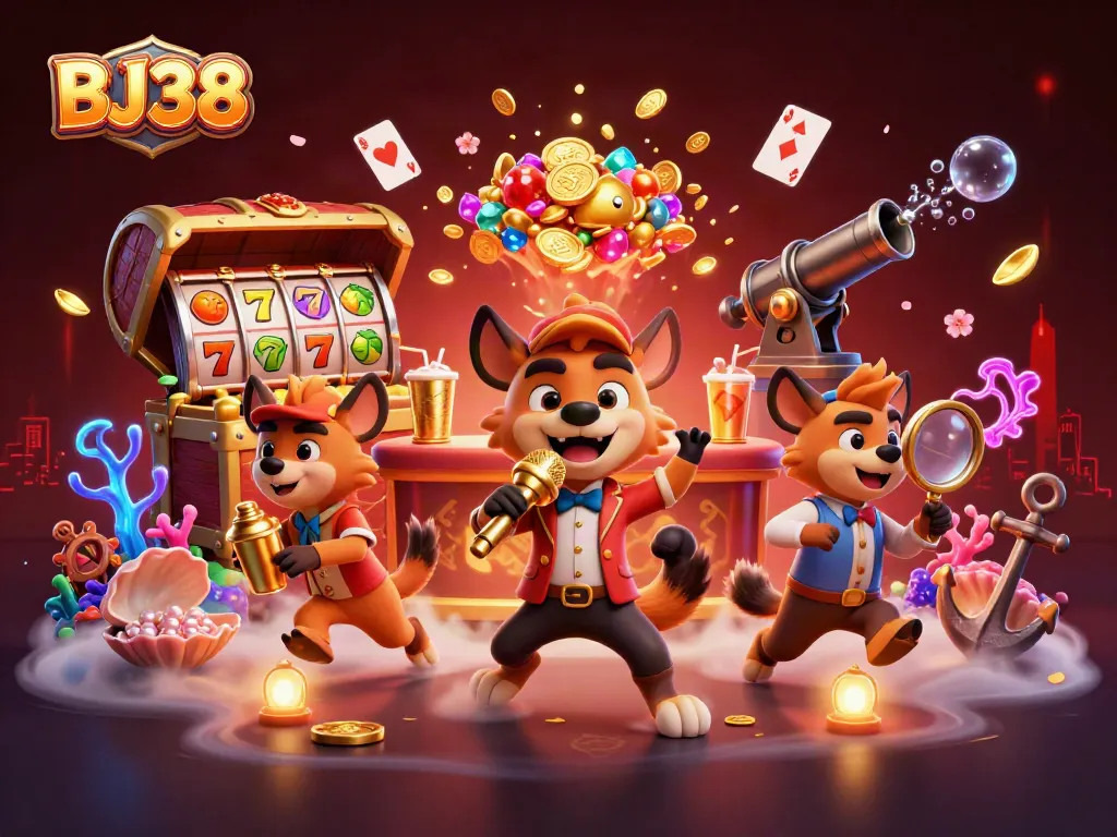 Experience the energy of BJ38 with lively hyenas in a vibrant casino scene filled with treasures.