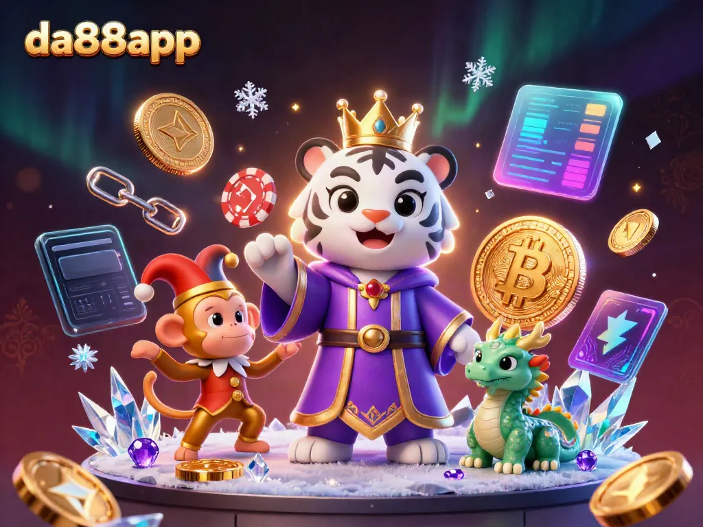 Experience thrilling games at da88app, with a lively scene of a tiger, monkey, and dragon amidst iconic casino elements.