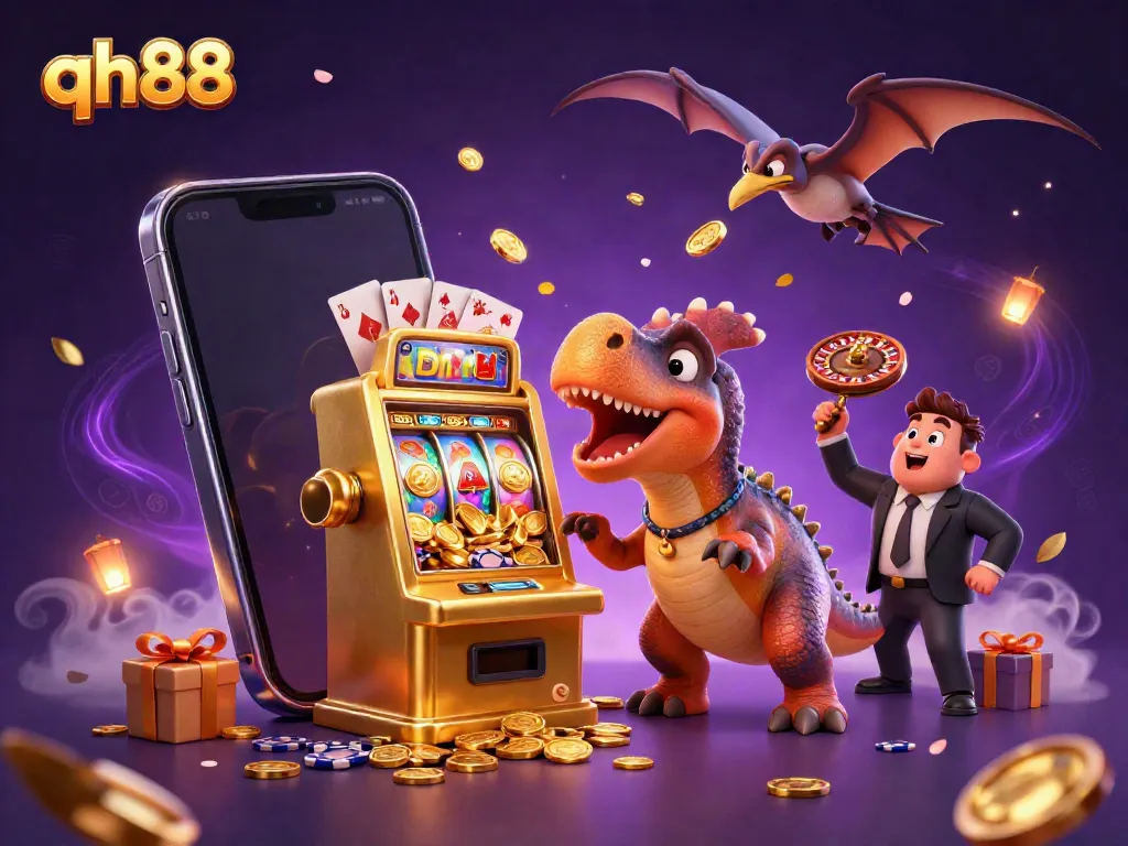 Witness the dynamic action at qh88 casino as a pachycephalosaurus strikes a golden slot machine amidst a chaotic coin rain.