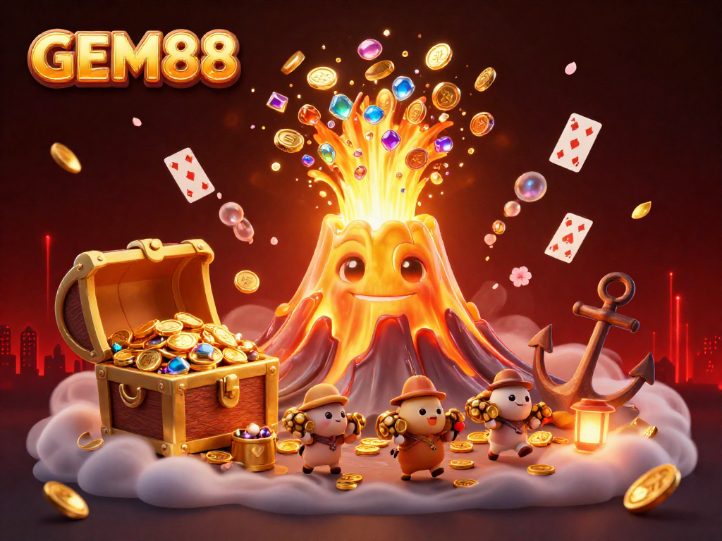 Experience the excitement of GEM88 with vibrant casino elements and dynamic treasure scene.